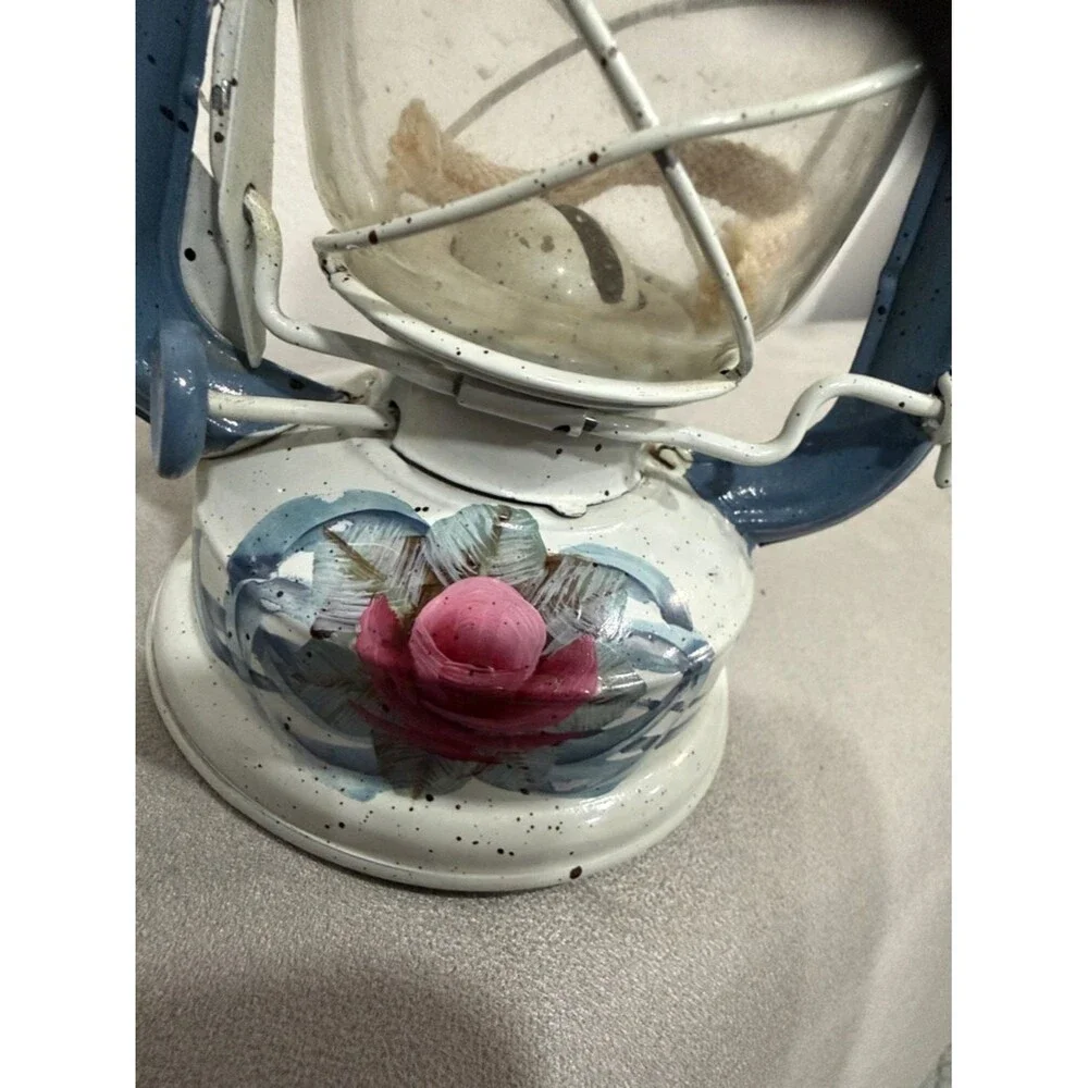 Antique Vintage Clear Glass Metal Kerosene Lamp Lantern Blue Indoor Outdoor Rare